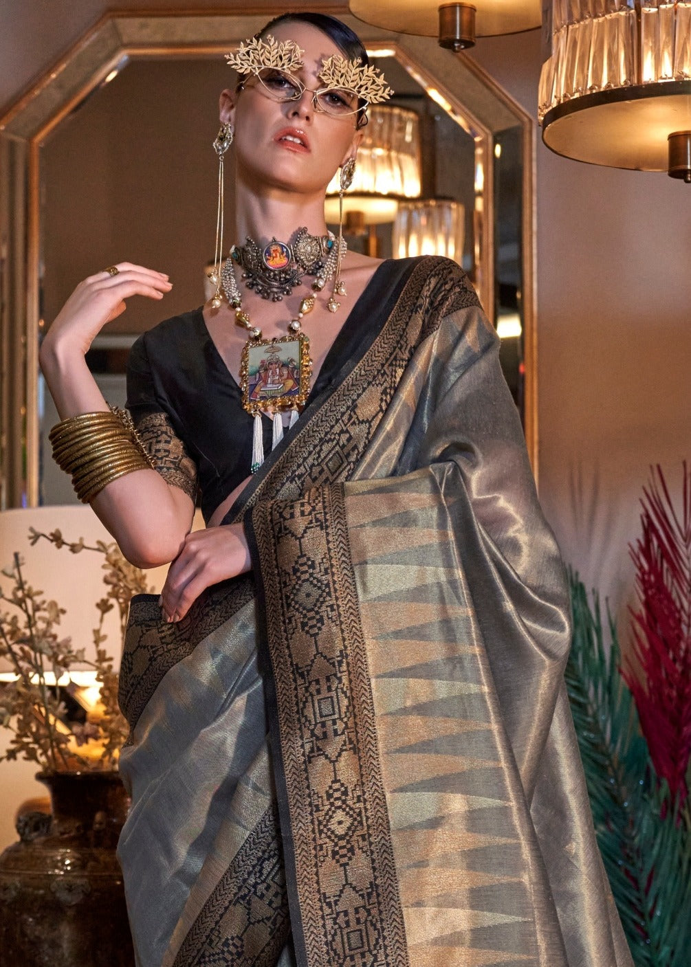 Shop pure banarasi tissue silk grey handloom saree online in india for festive wear & wedding wear.