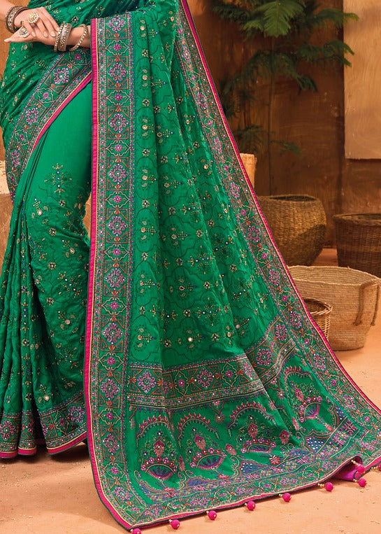 Banarasi Silk Gujarati Kutchi Green Bhujodi Saree