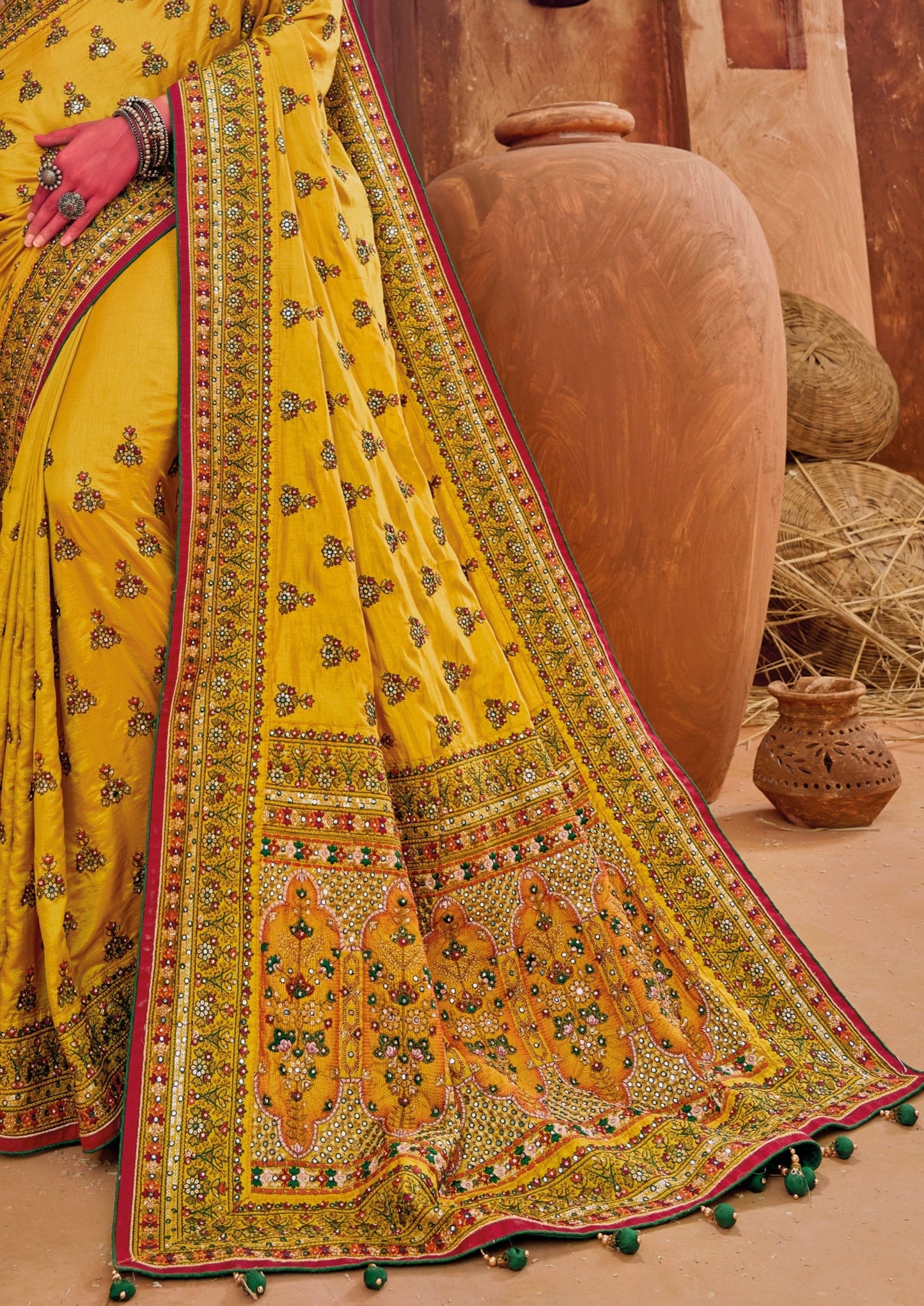 Gujarati Kutch Work Yellow Banarasi Silk Saree