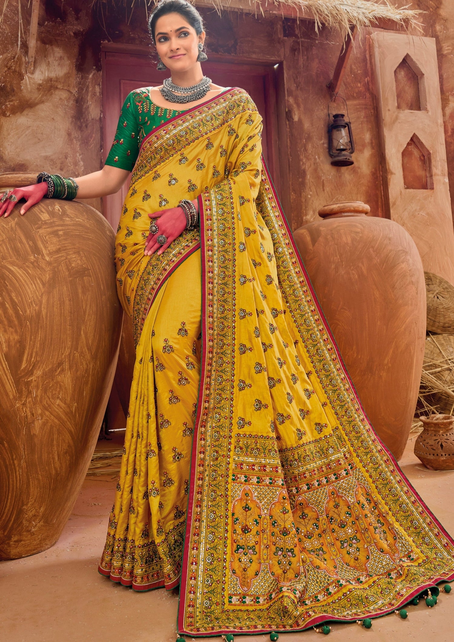 Shop gujarati kutch embroidery work silk yellow saree blouse designs online with price india usa.