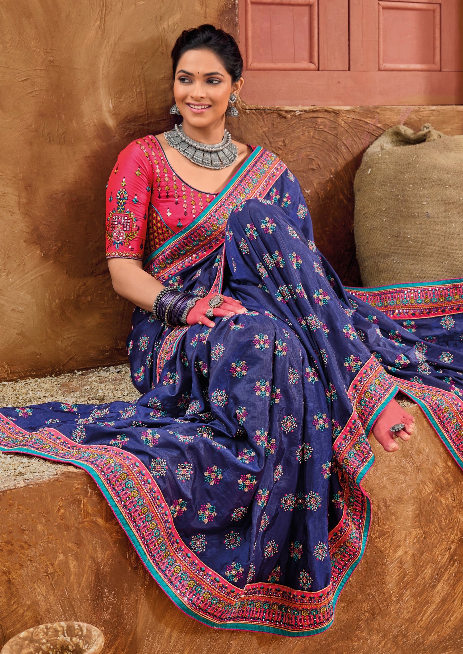 Buy kutch mirror work embroidery bhujodi silk blue sarees online with price india.