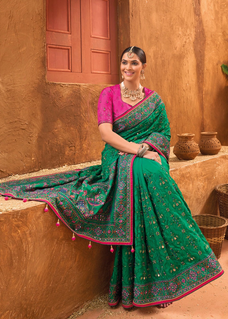 Banarasi Silk Gujarati Kutchi Green Bhujodi Saree