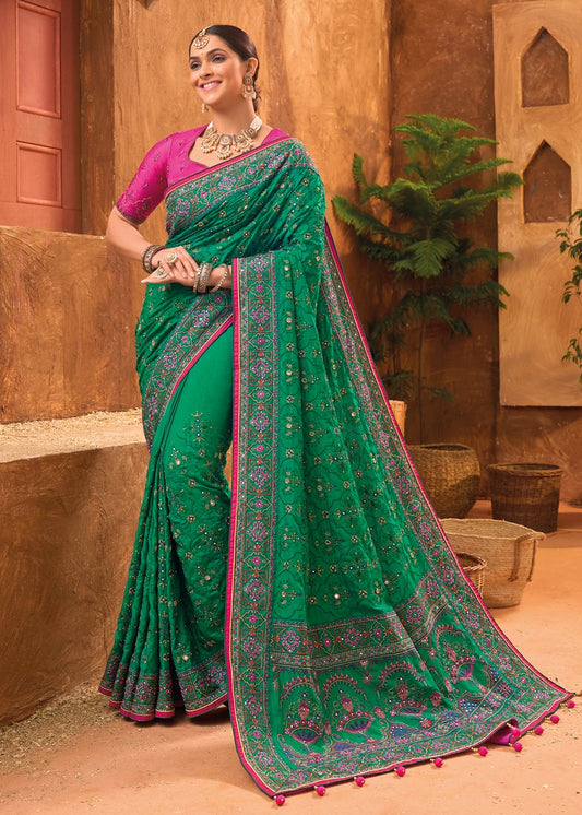 Banarasi Silk Gujarati Kutchi Green Bhujodi Saree