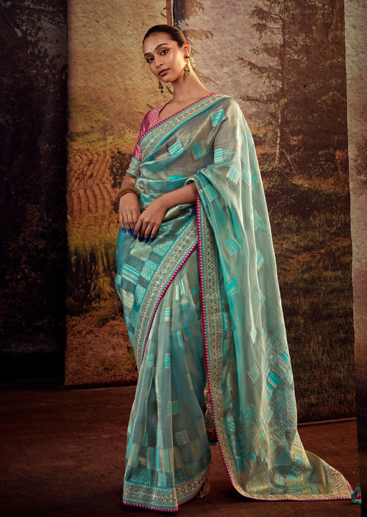 Hand embroidered organza baby blue designer saree online shopping usa uk uae price.