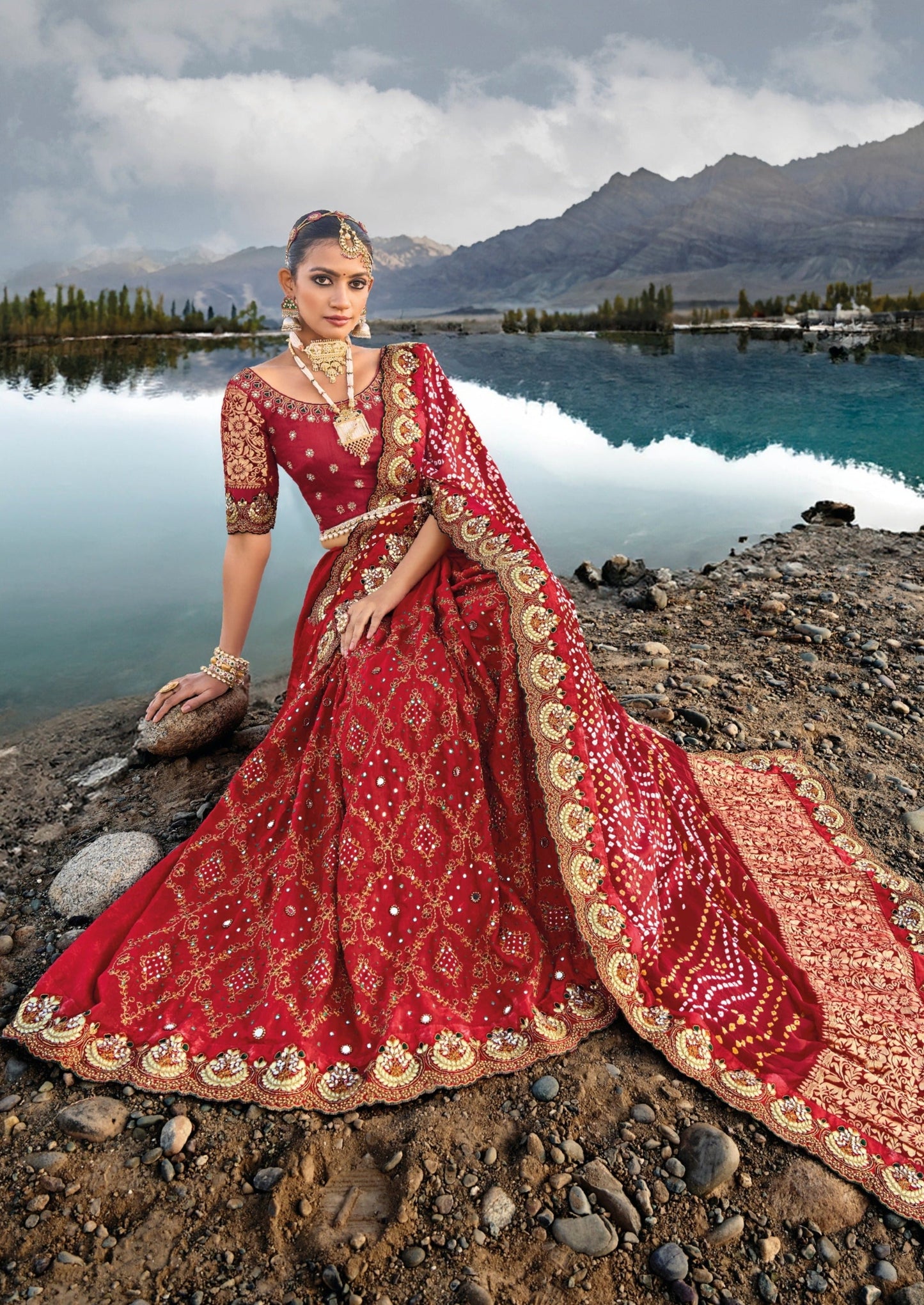 Hand embroidery kutch mirror work banarasi silk red bandhej saree online for bride.