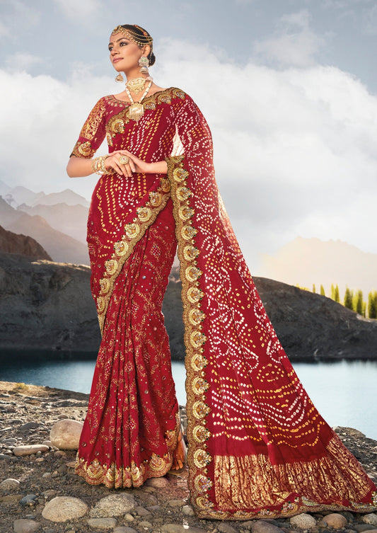 hand embroidery kutch mirror work banarasi silk red bandhej bridal saree