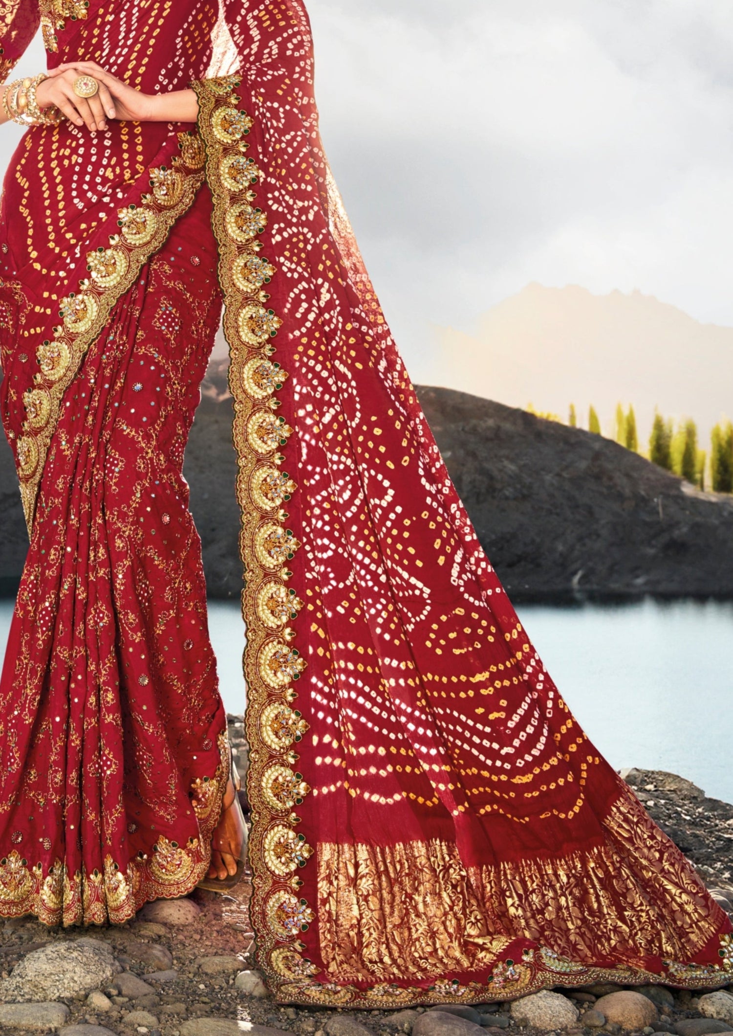 Hand embroidery kutch mirror work banarasi silk red bandhej luxury saree online.