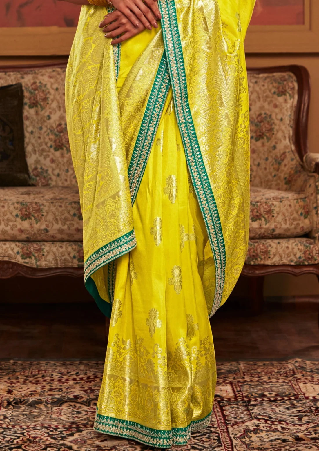 Hand embroidery work banarasi silk turmeric yellow zari designs saree online for haldi.