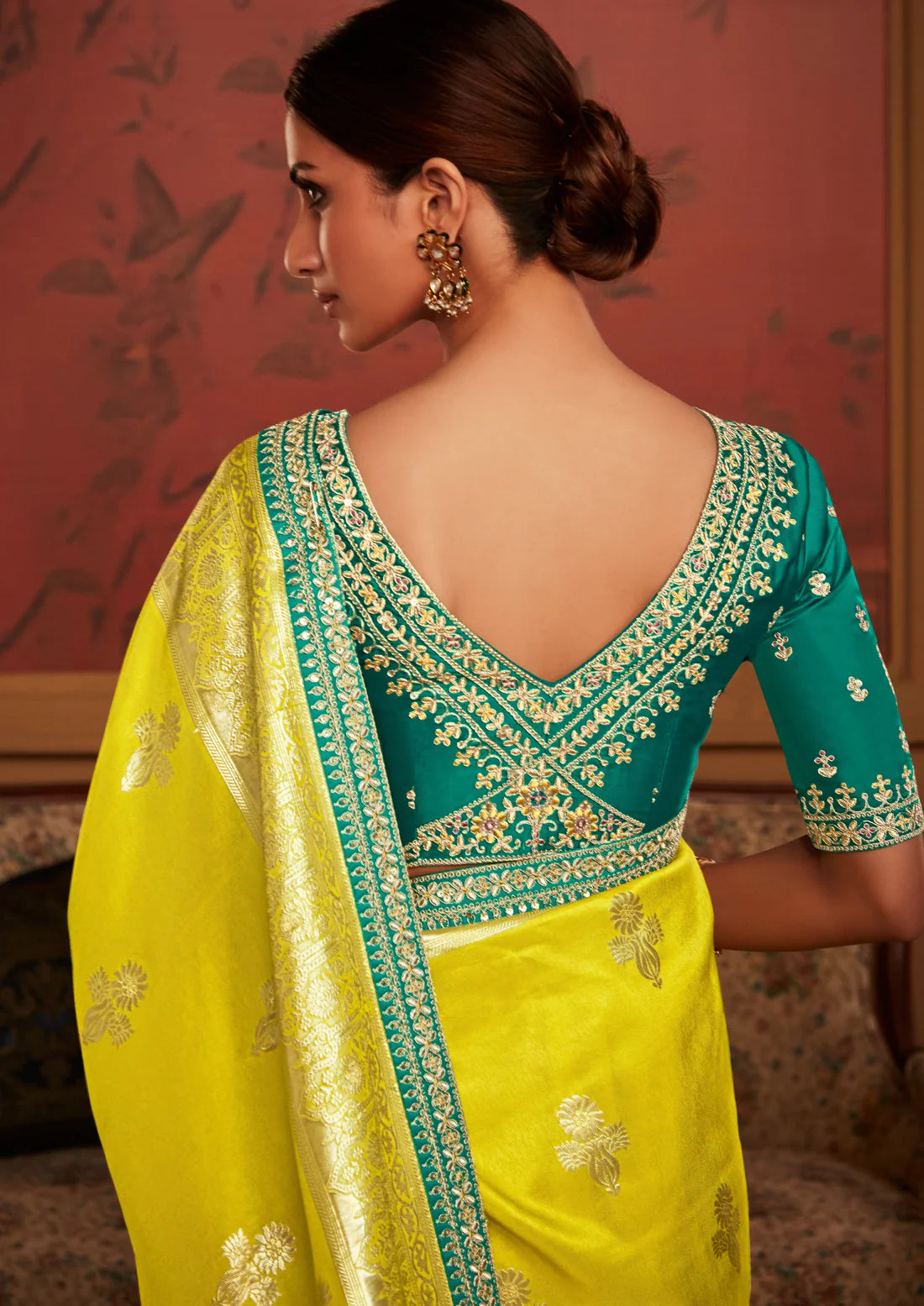 Hand embroidery work banarasi silk turmeric yellow zari saree online for haldi.