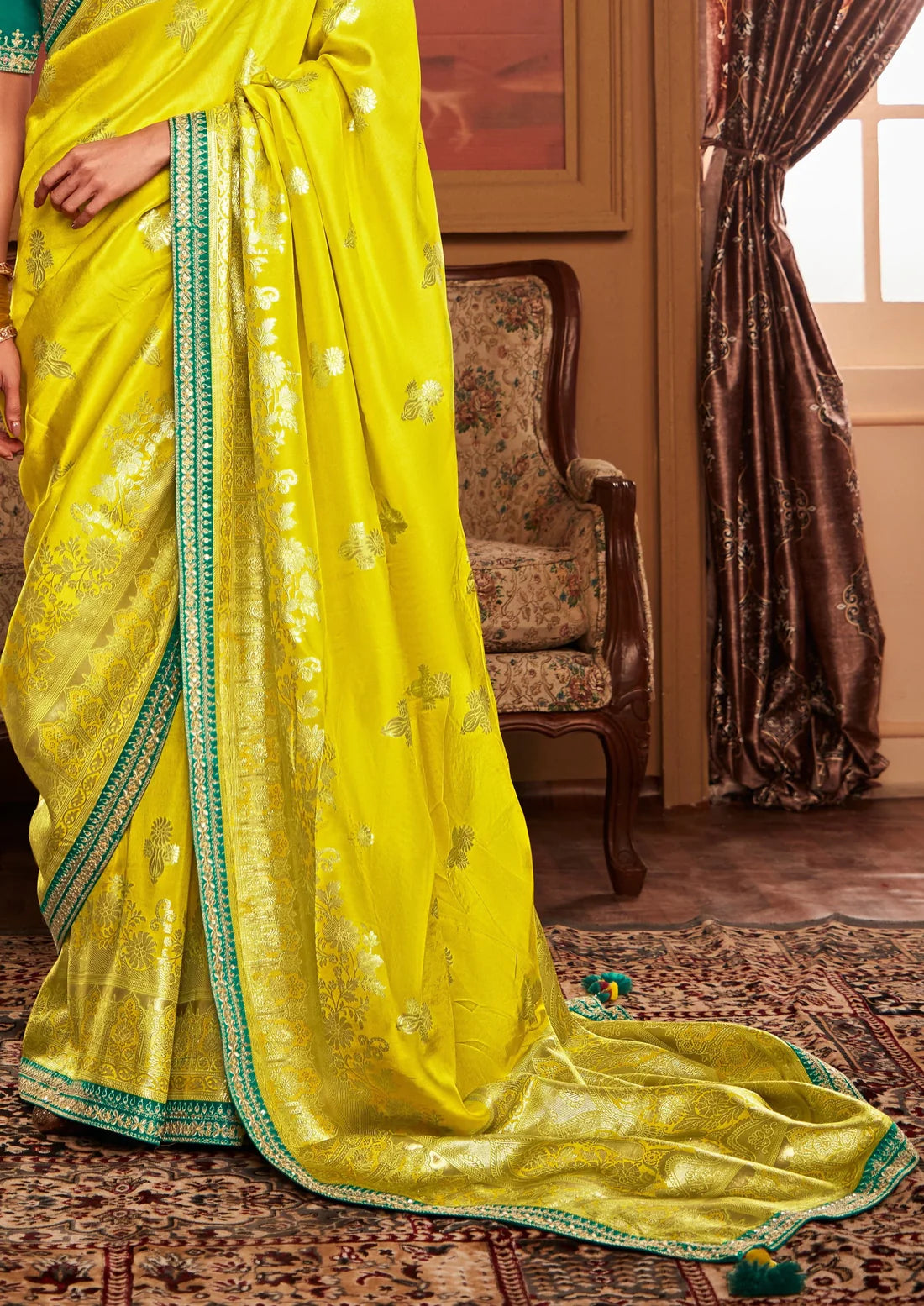 Hand embroidery work banarasi silk turmeric yellow zari saree look for haldi online.