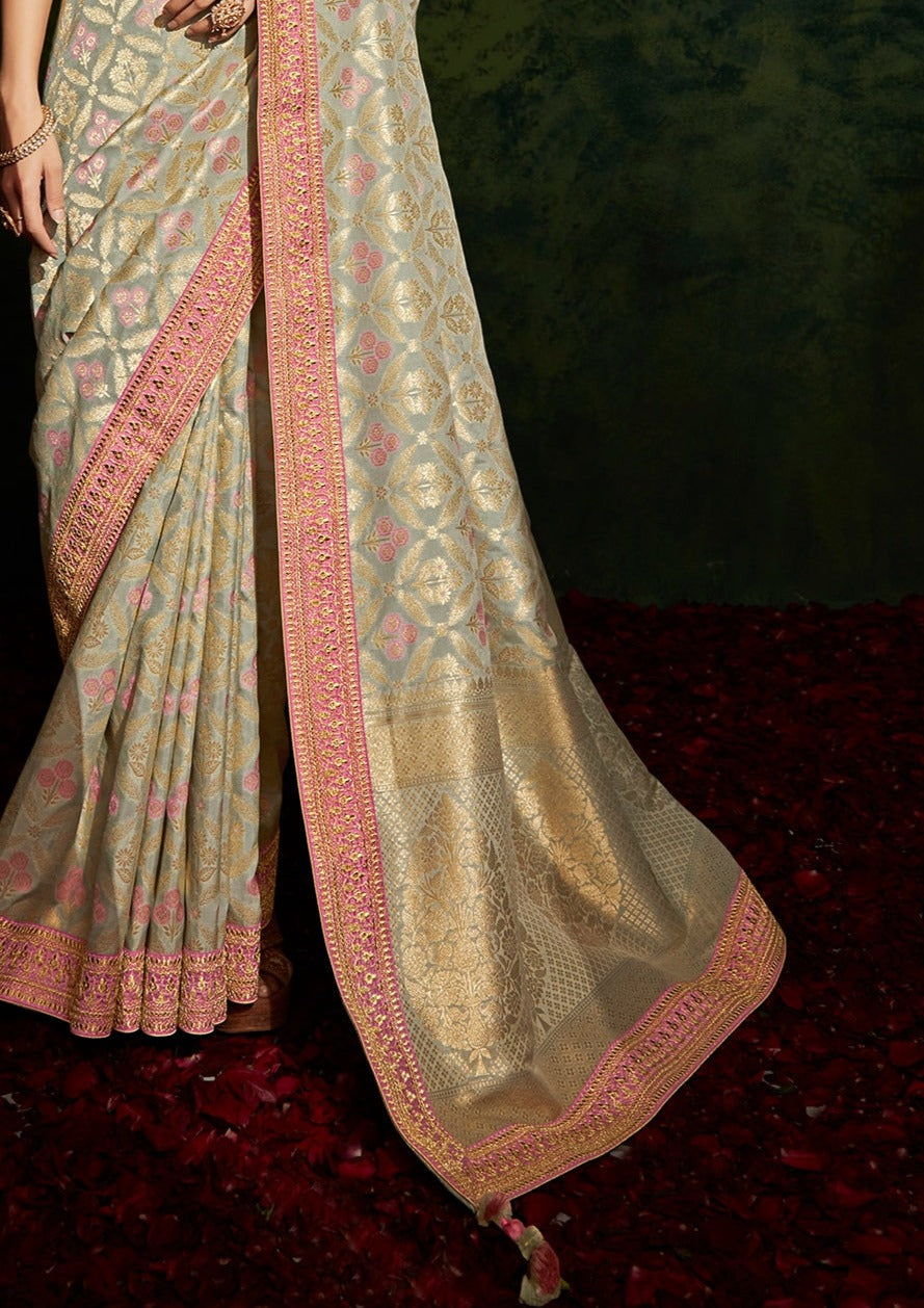 Cream colour banarasi silk saree pallu design online shopping in india for wedding.