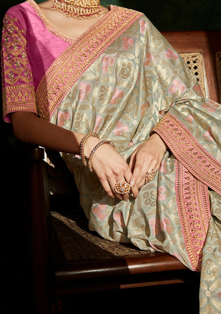 Shop cream colour banarasi silk saree with pink blouse online with price.