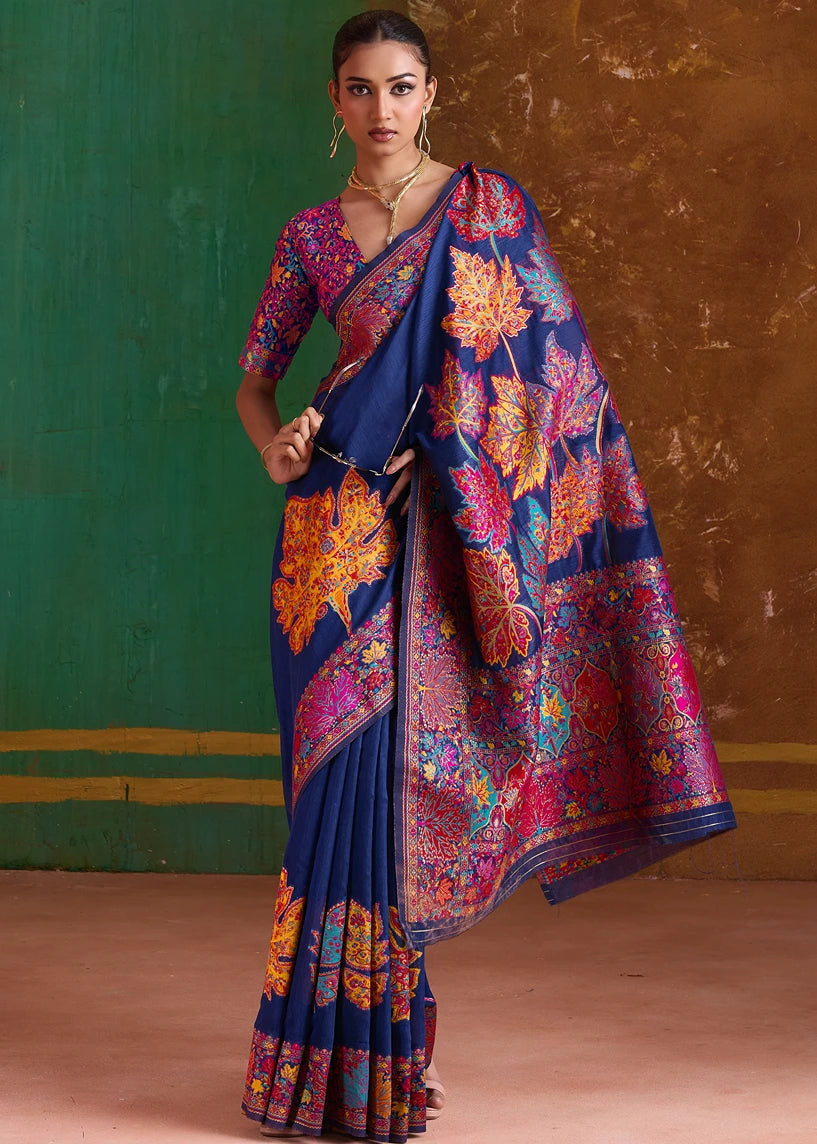 Gorgeous Royal Blue Kashmiri Pashmina Silk Saree with Handcrafted Patterns - Ideal for Festive Gifting and Wardrobe Upgrade.