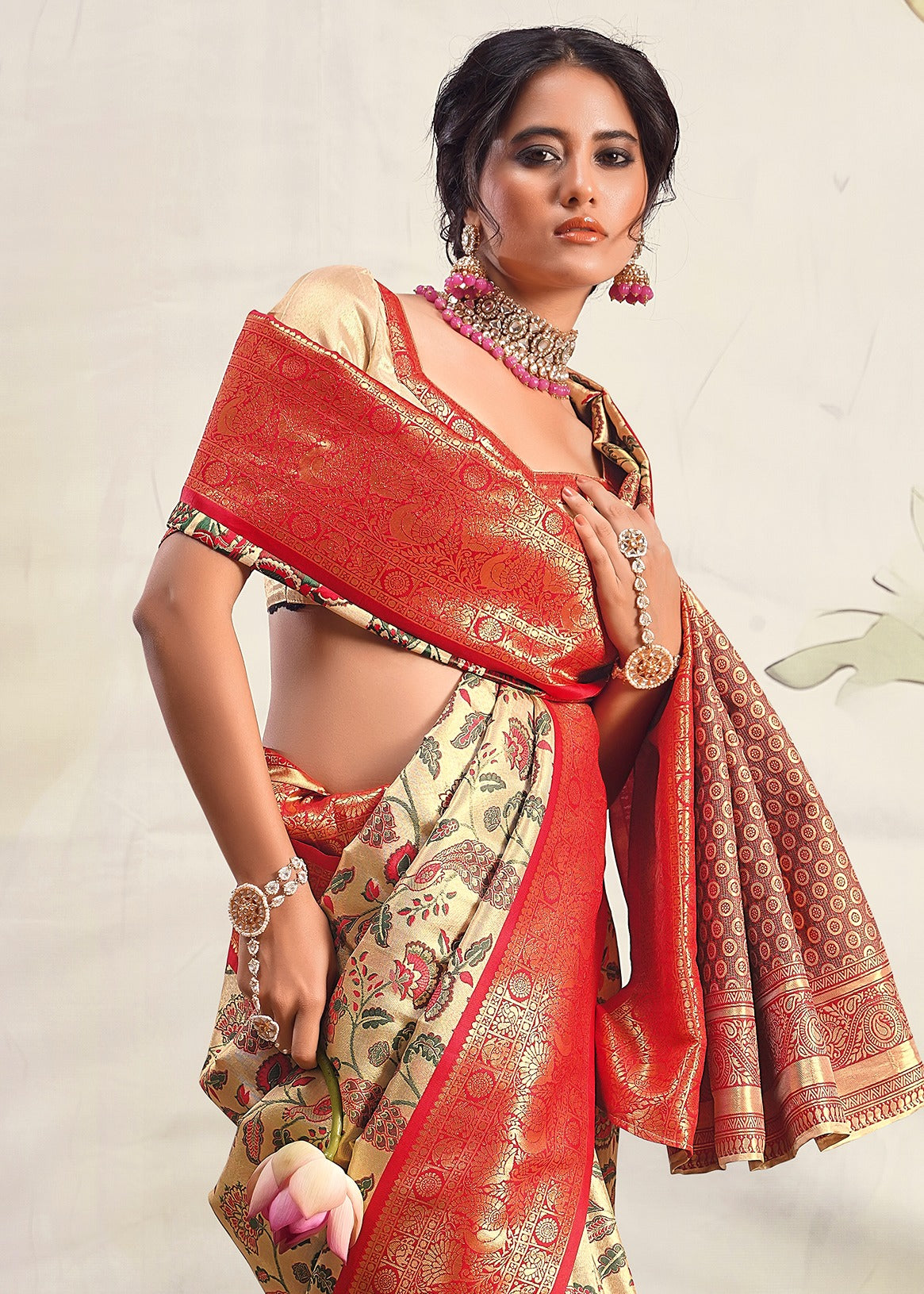 Handloom banarasi silk cream red saree blouse online shopping for wedding ceremony look.