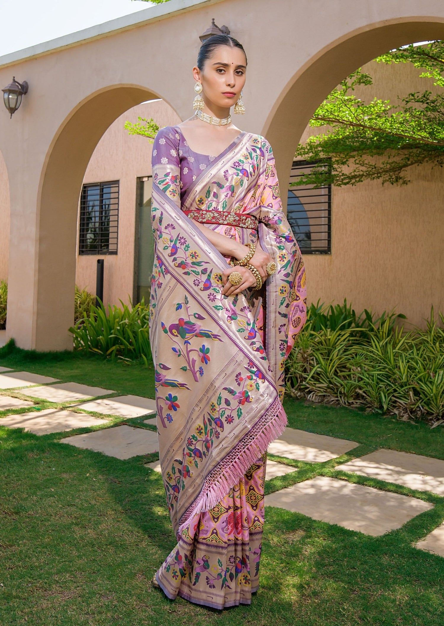 Handloom banarasi patola handloom silk pink saree online shopping price in india usa uk with contrast purple blouse.