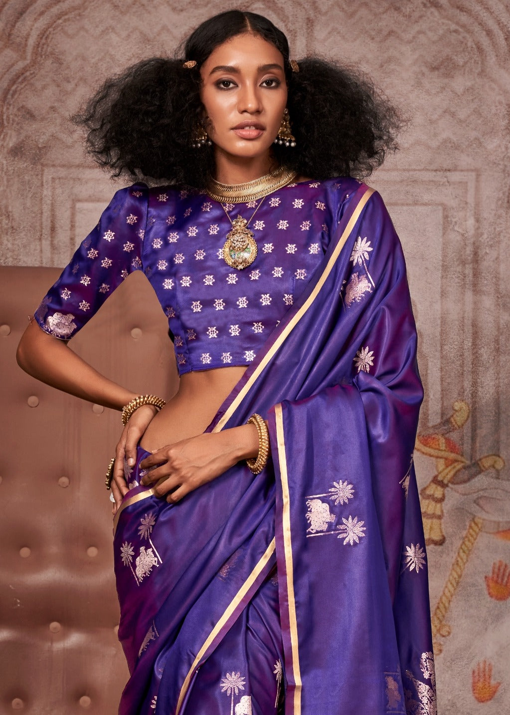 Pure handloom banarasi satin silk purple saree online shopping for wedding.