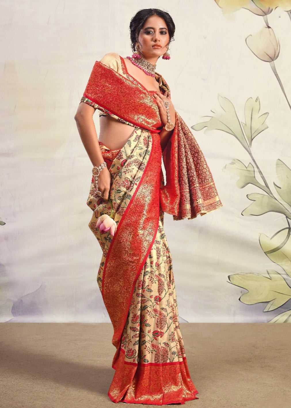 Handloom Banarasi Silk Cream and Red Saree