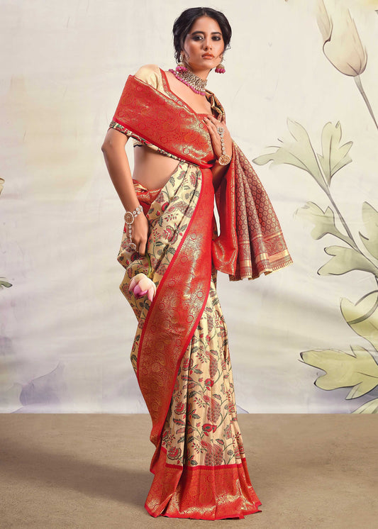 Handloom banarasi silk cream saree red blouse online shopping for wedding look.