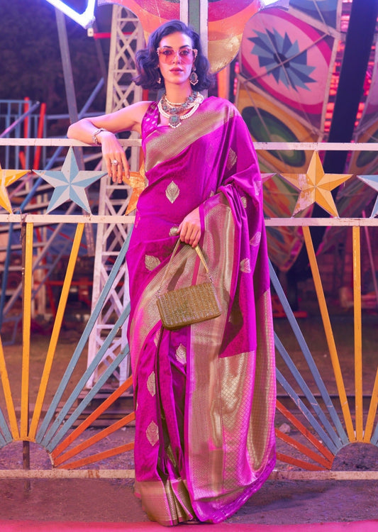 Handloom banarasi silk pink saree golden border.