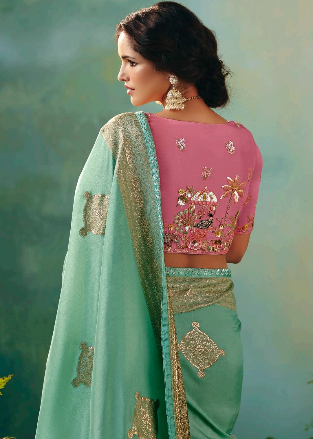 Handloom banarasi silk saree in sea green colour with pastel pink blouse, perfect for Indian wedding wear and ethnic look.