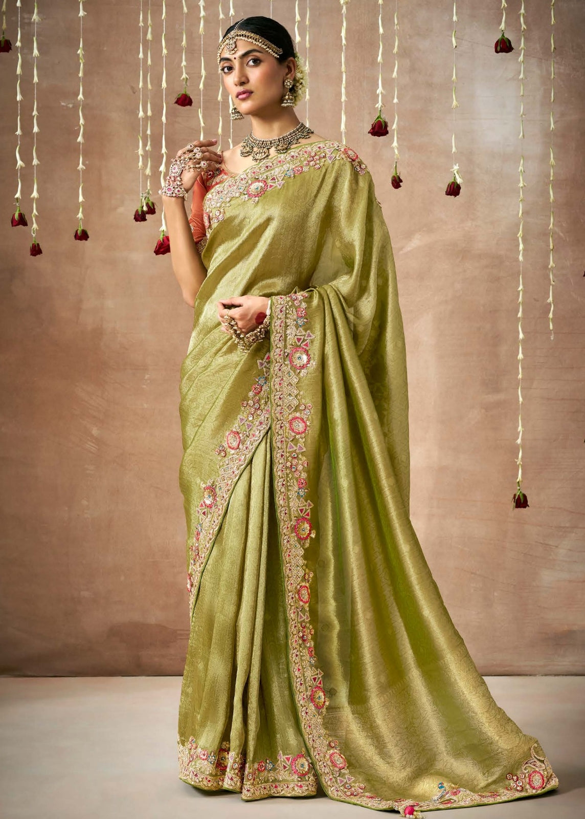 Handloom banarasi tissue silk green saree in london uk online shopping with contrast orange blouse.