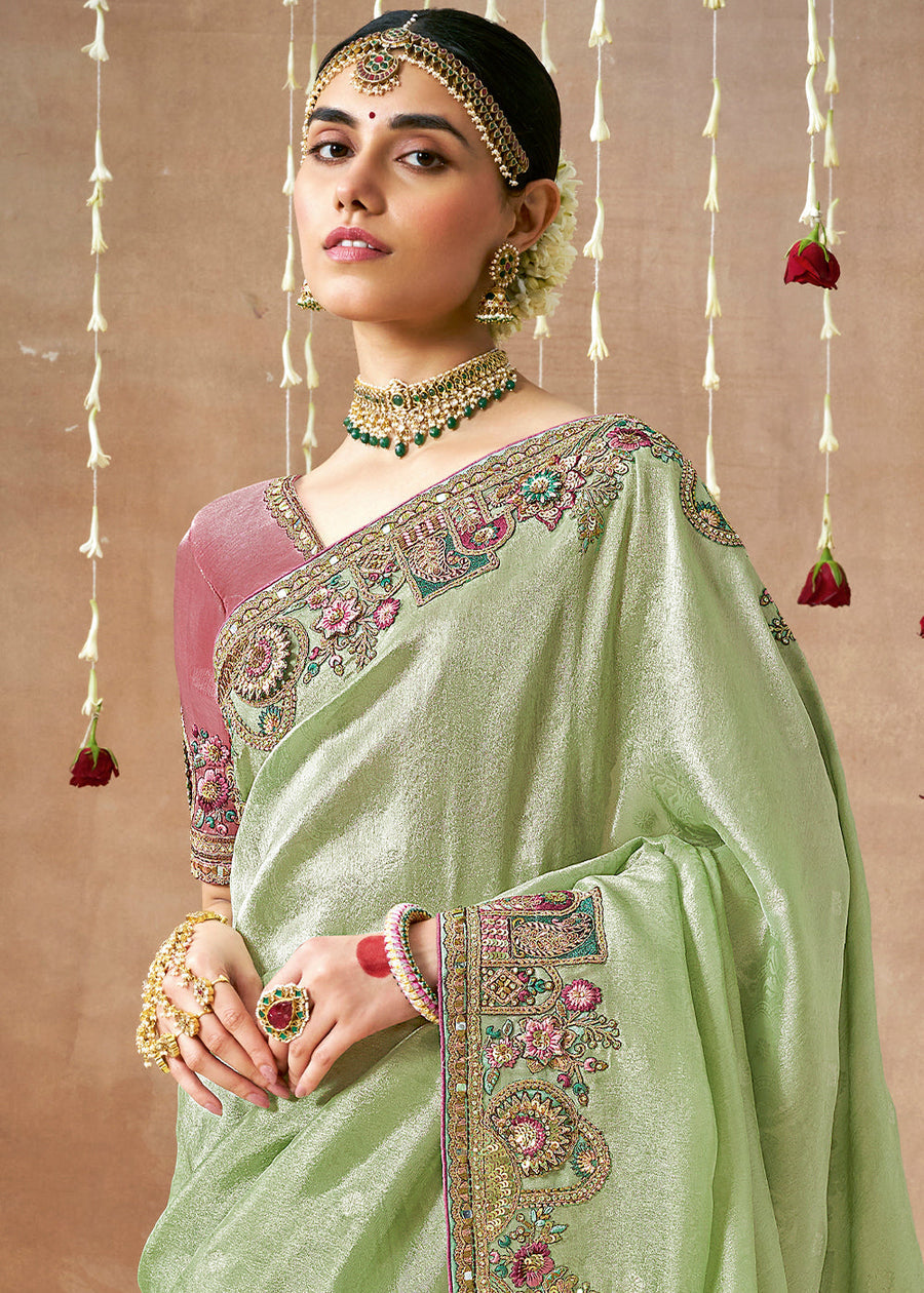 Shop pure handloom banarasi tissue silk sarees in usa online in green color with handwork embroidery designs.