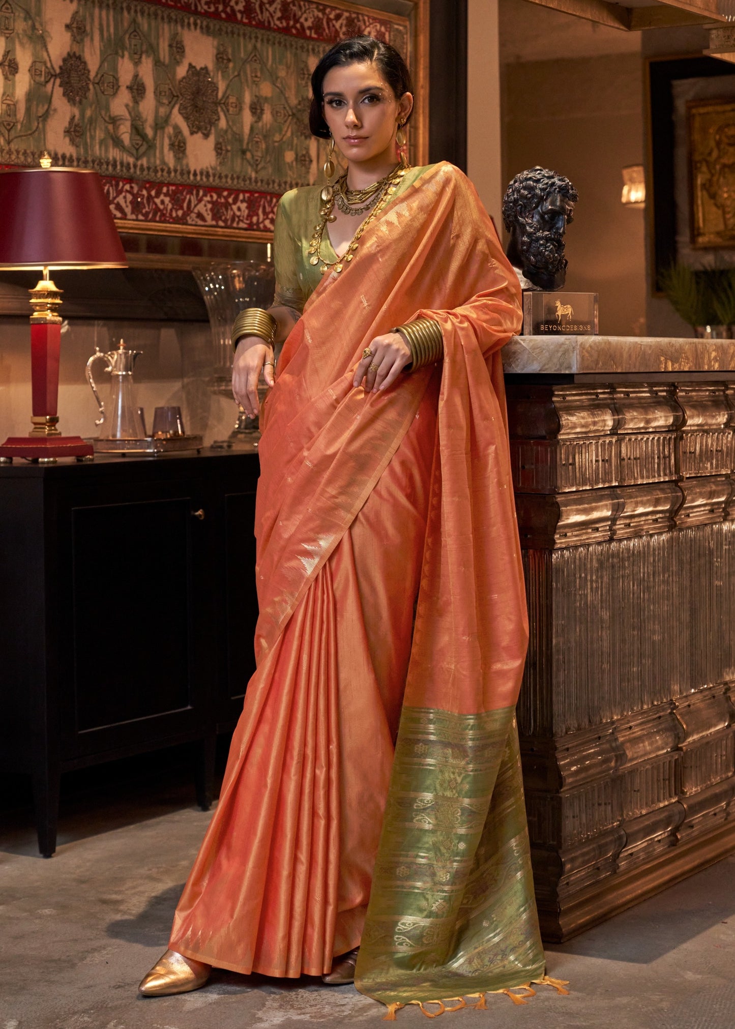 Pure handloom banarasi tussar silk orange saree online designs.