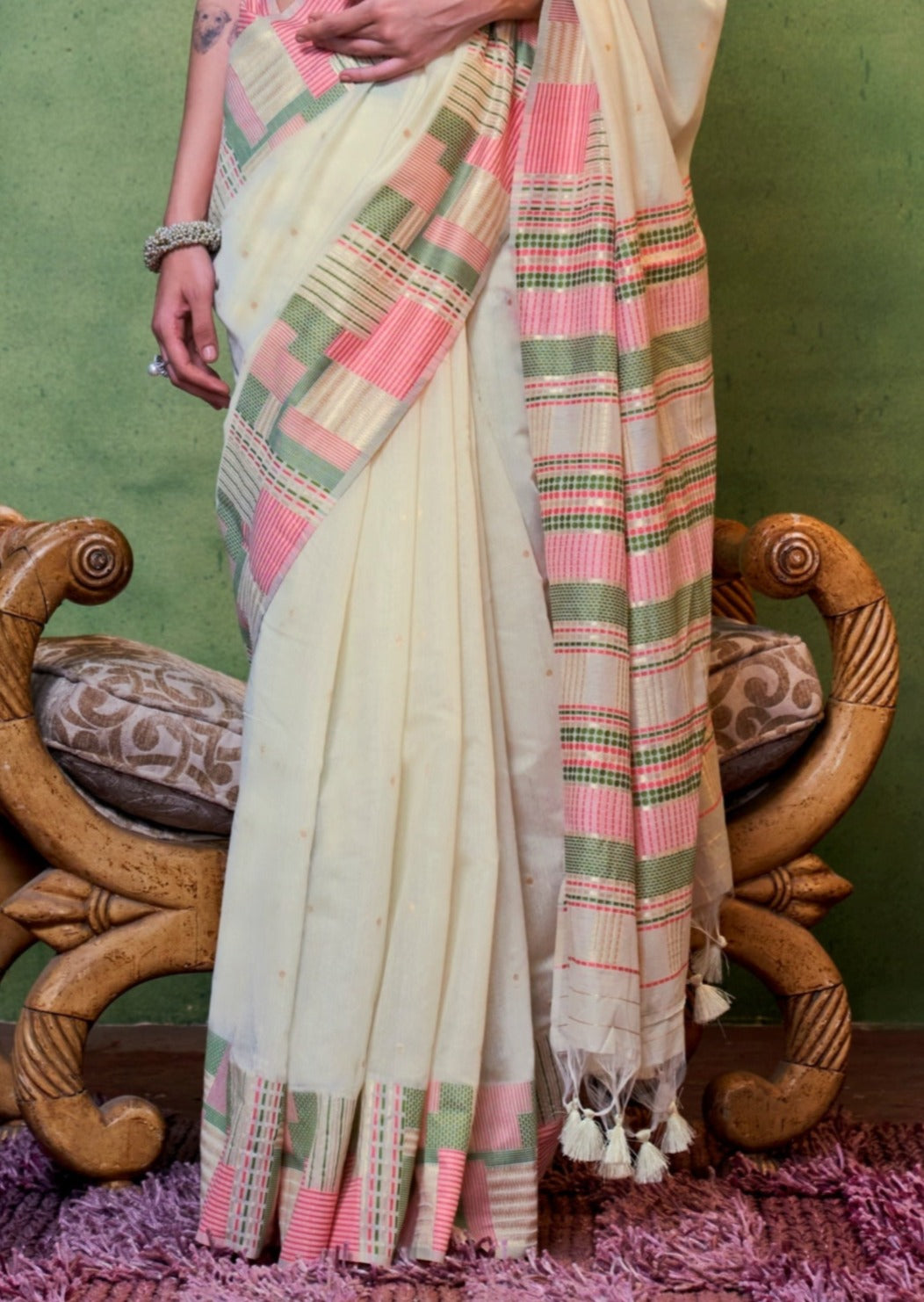 Pure Handloom Cotton Silk Off White Saree USA Online Shopping SALE Sunasa