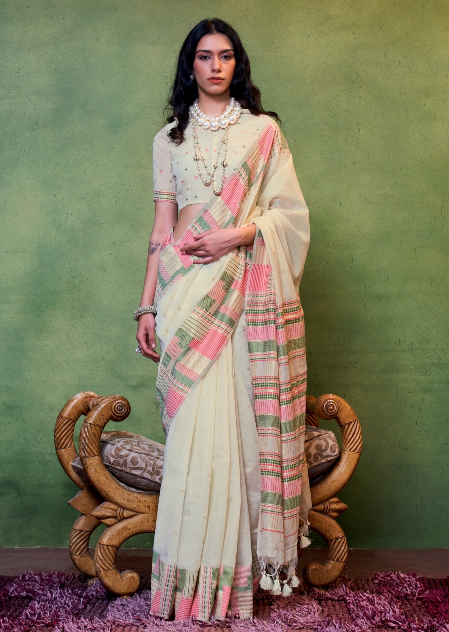 Pure Handloom Cotton Silk Off White Saree USA Online Shopping SALE Sunasa