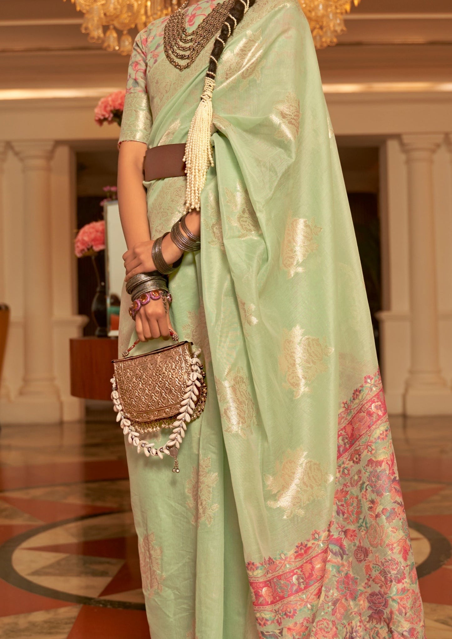 Handloom Kashmiri Banarasi Silk Green Saree design