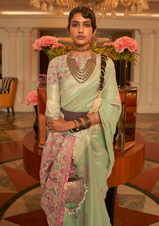 bride in Handloom Kashmiri Banarasi Silk Green Saree Blouse