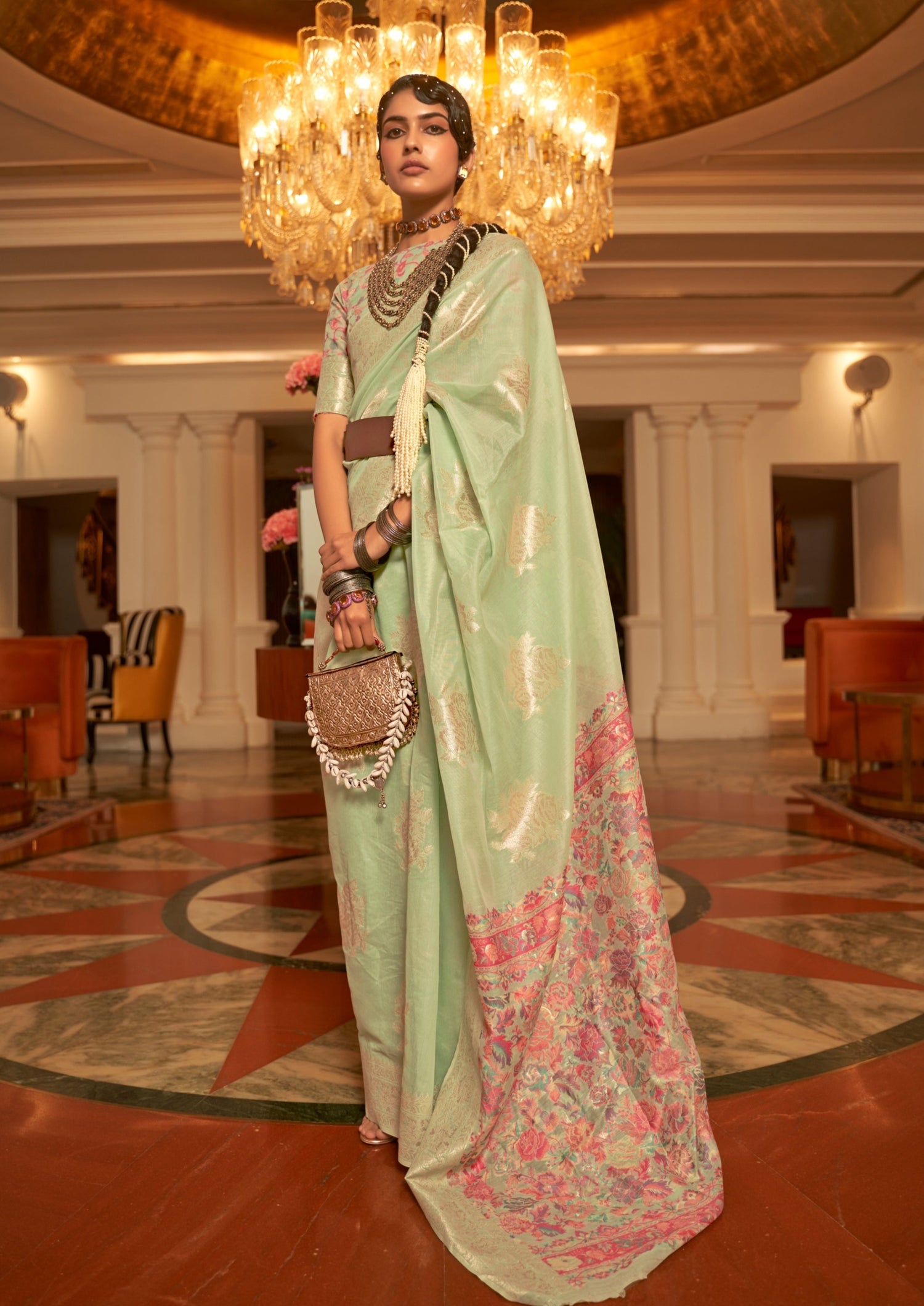 woman in Handloom Kashmiri Banarasi Silk Green color Saree