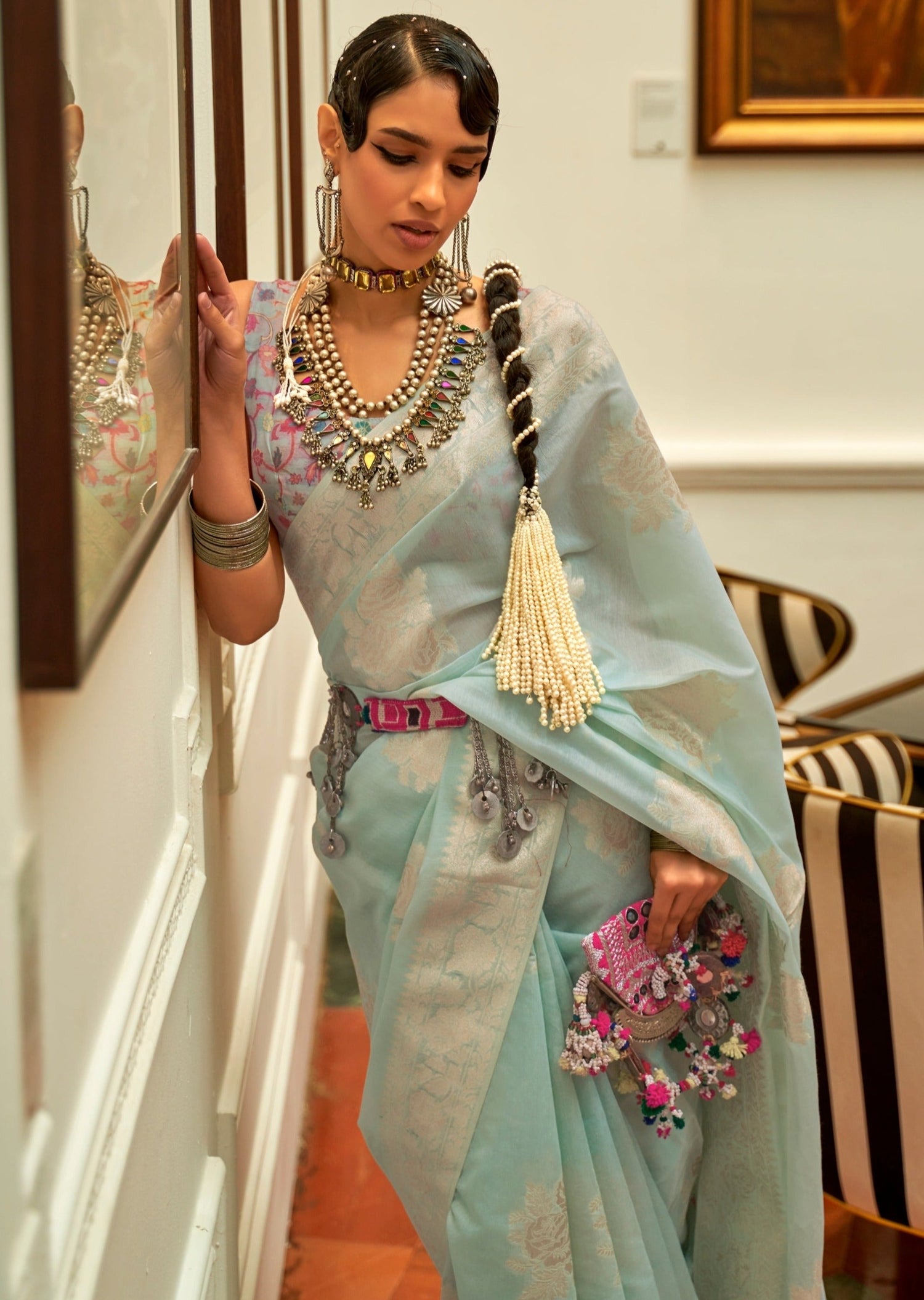 Woman in blue handloom kashmiri Silk saree