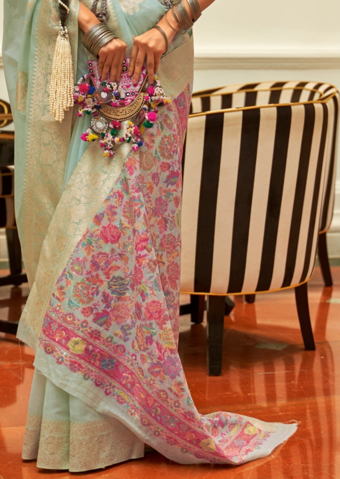 Pastel Blue colour Handloom kashmiri banarasi saree pallu design