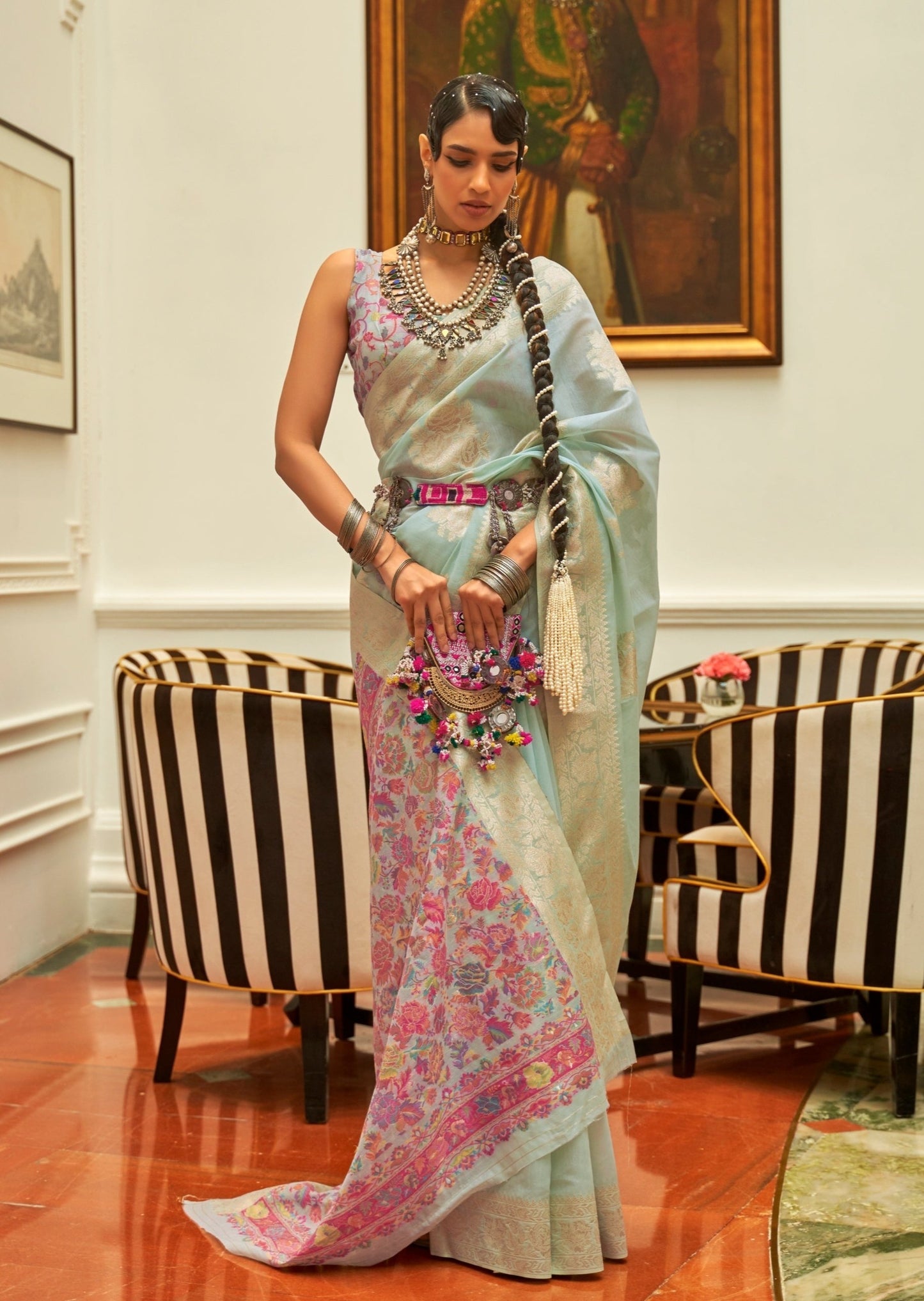 Kashmiri Bride in pastel Blue kashmiri banarasi silk saree