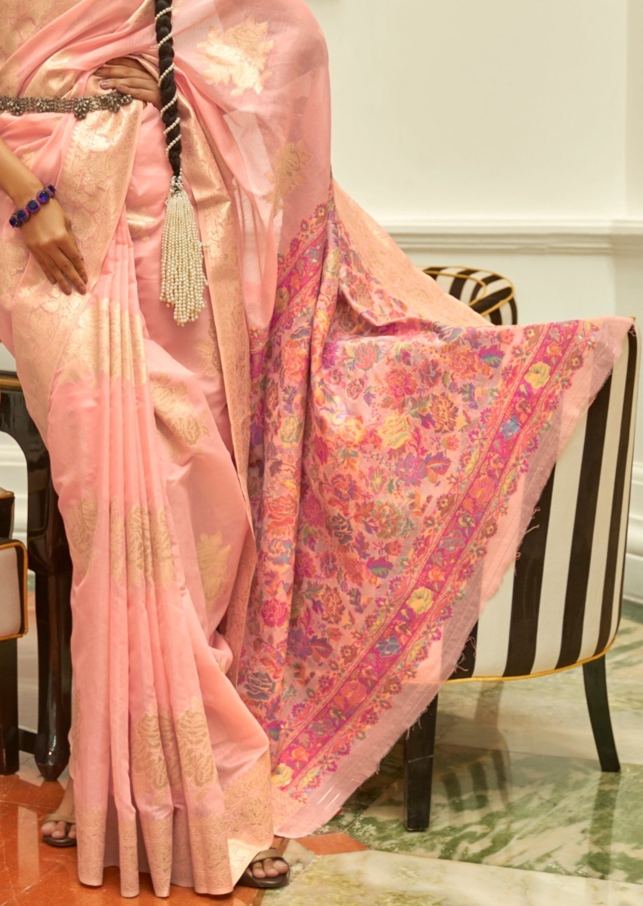 Kashmiri Silk Saree Design in peach colour