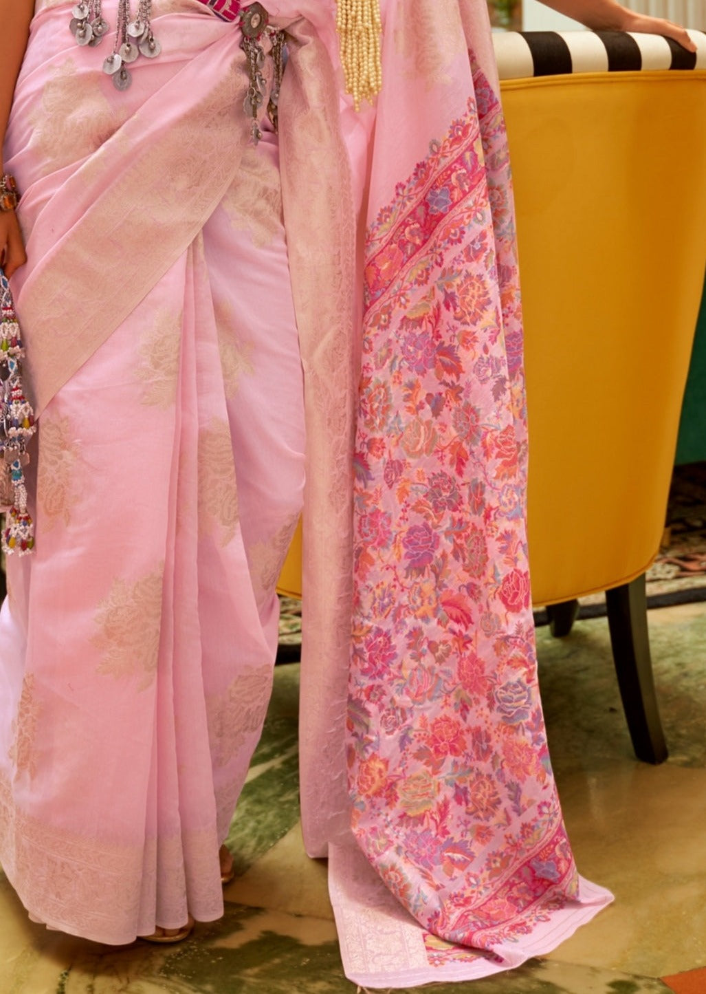 Kashmiri Banarasi Silk pink saree design