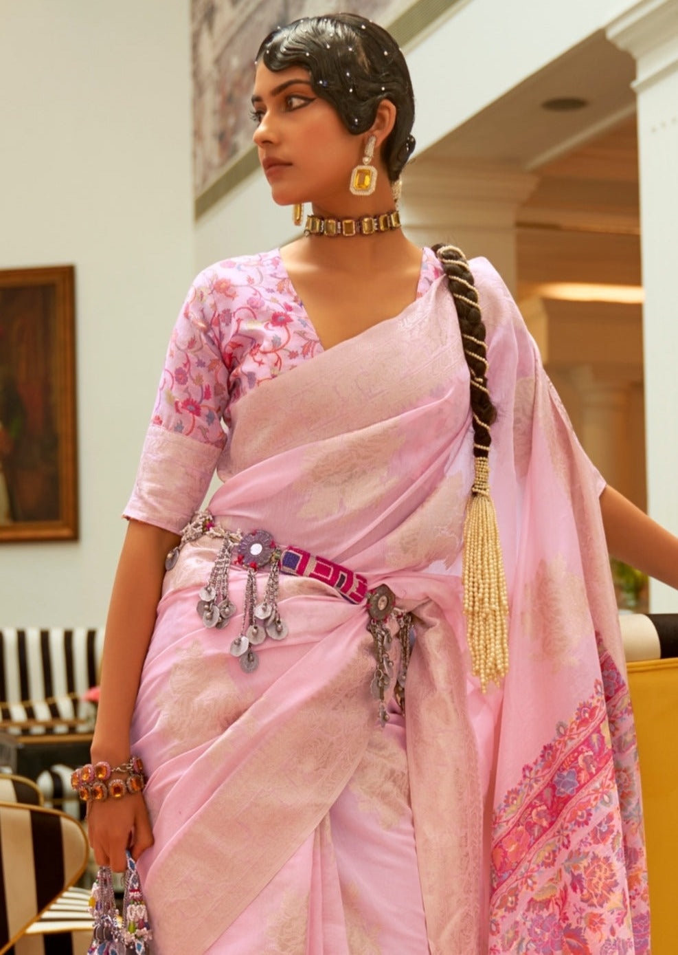 Woman in pink handloom kashmiri saree