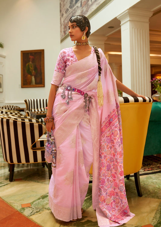 Woman in Handloom kashmiri Banarasi silk pink saree