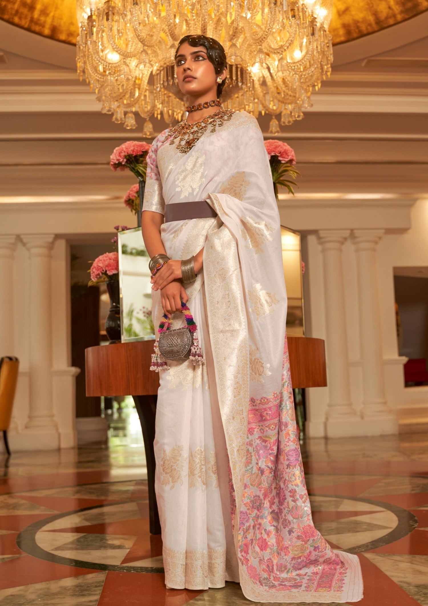 woman in white handloom kashmiri saree
