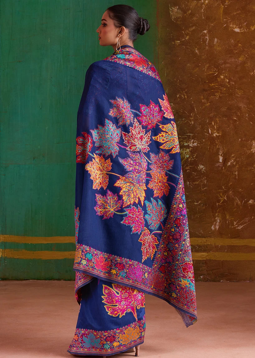 Pure Handloom Royal Blue Kashmiri Silk Saree Made in Pure Pashmina designs - Elegant Choice for Weddings and Special Occasions, a collector's choice.