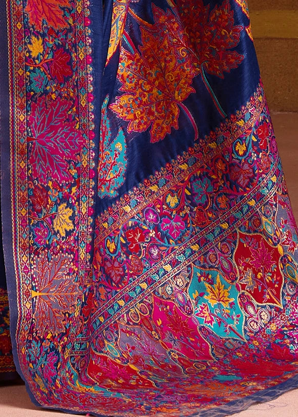 Stunning Royal Blue Pure Handloom Kashmiri Silk Saree design in Pashmina - Perfect for Diwali, Eid & Parties.