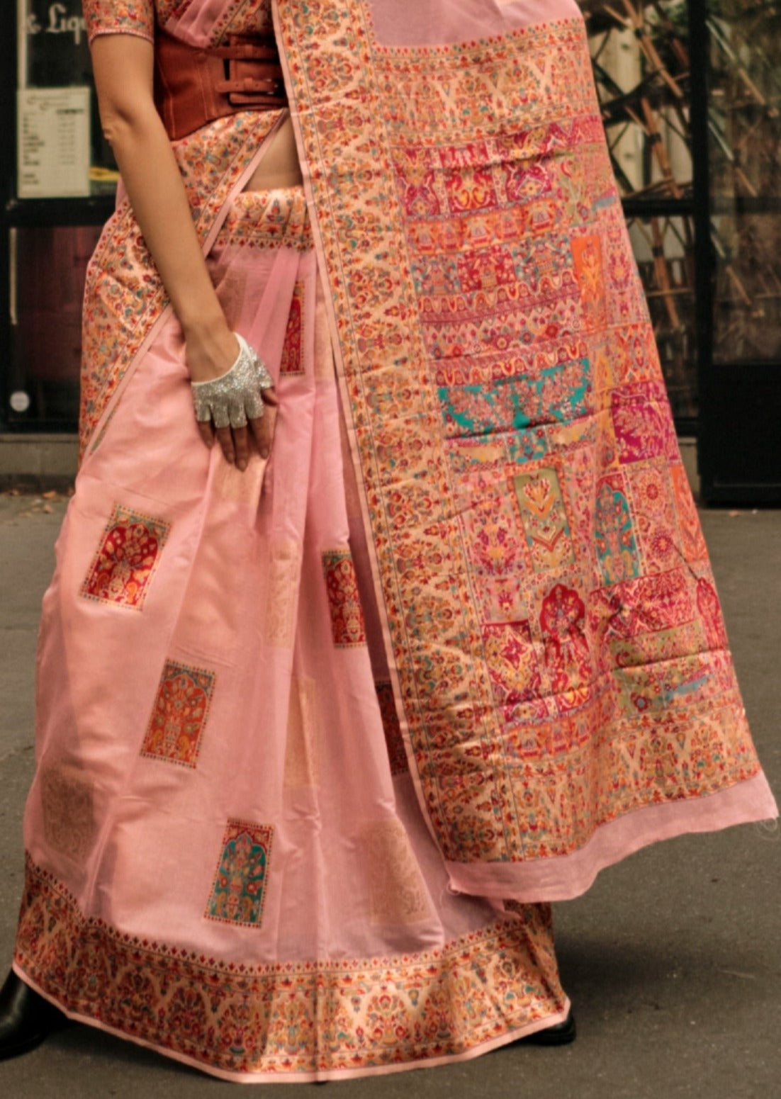 Handloom kashmiri silk embroidered peach saree usa uk uae online.