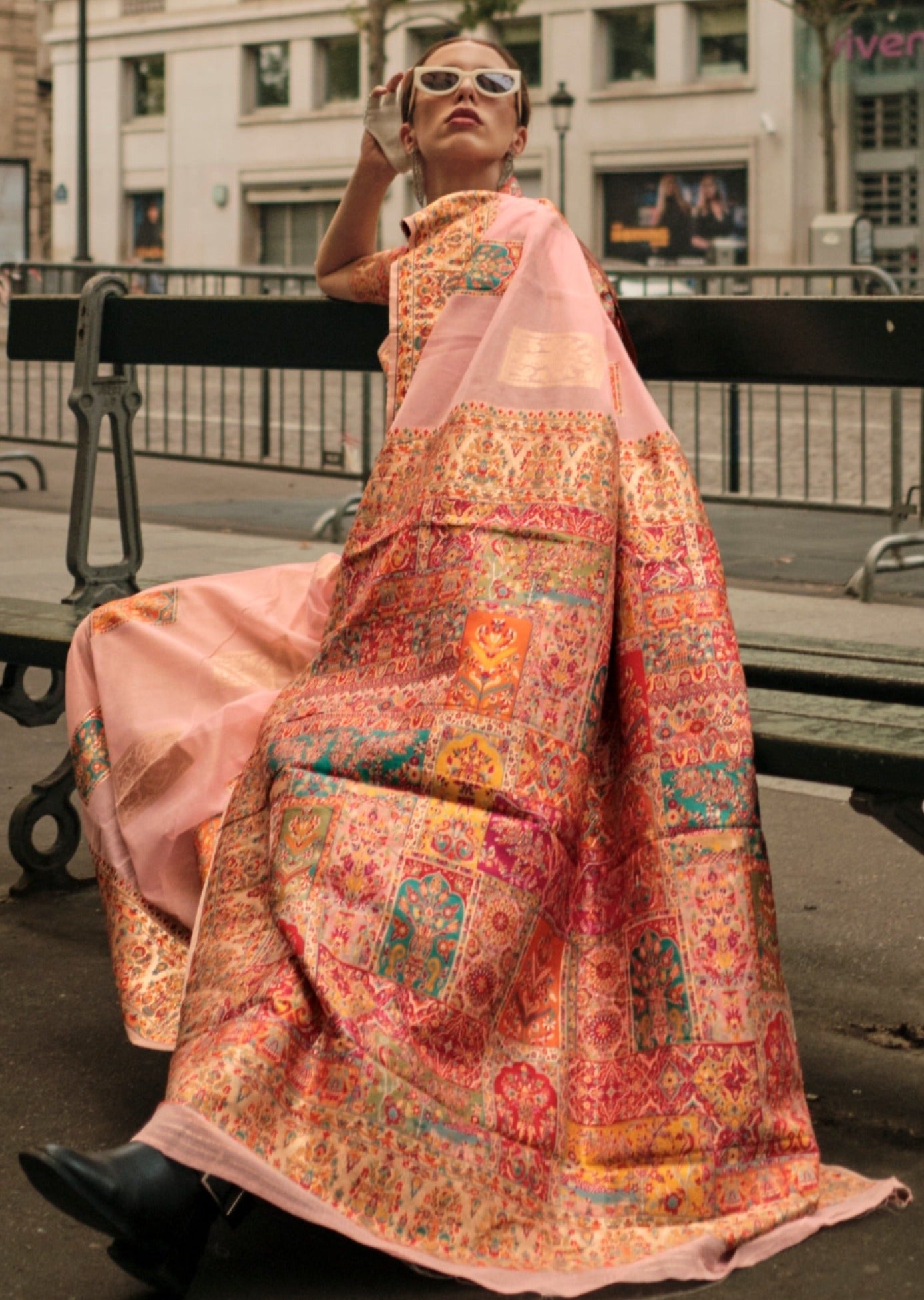 Handloom kashmiri silk embroidered peach sarees usa uk uae online.