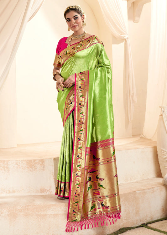 Handloom paithani silk green bridal saree online shopping for bride.