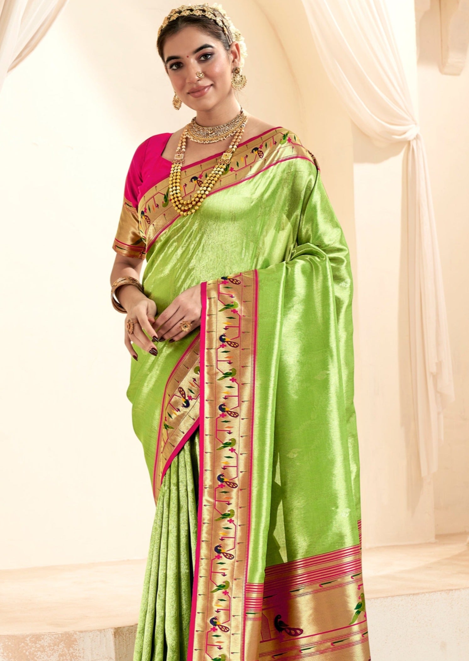 Handloom paithani silk light green lime color saree with zari weaving online shopping.