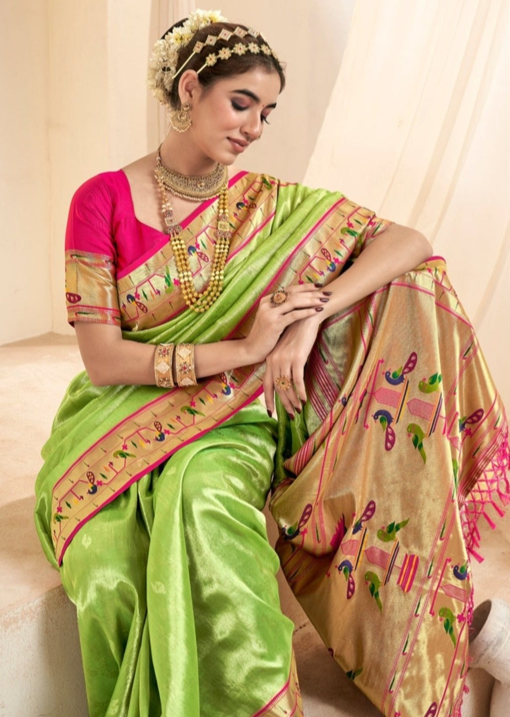 Handloom paithani silk lime green colour bridal saree online shopping price for wedding.