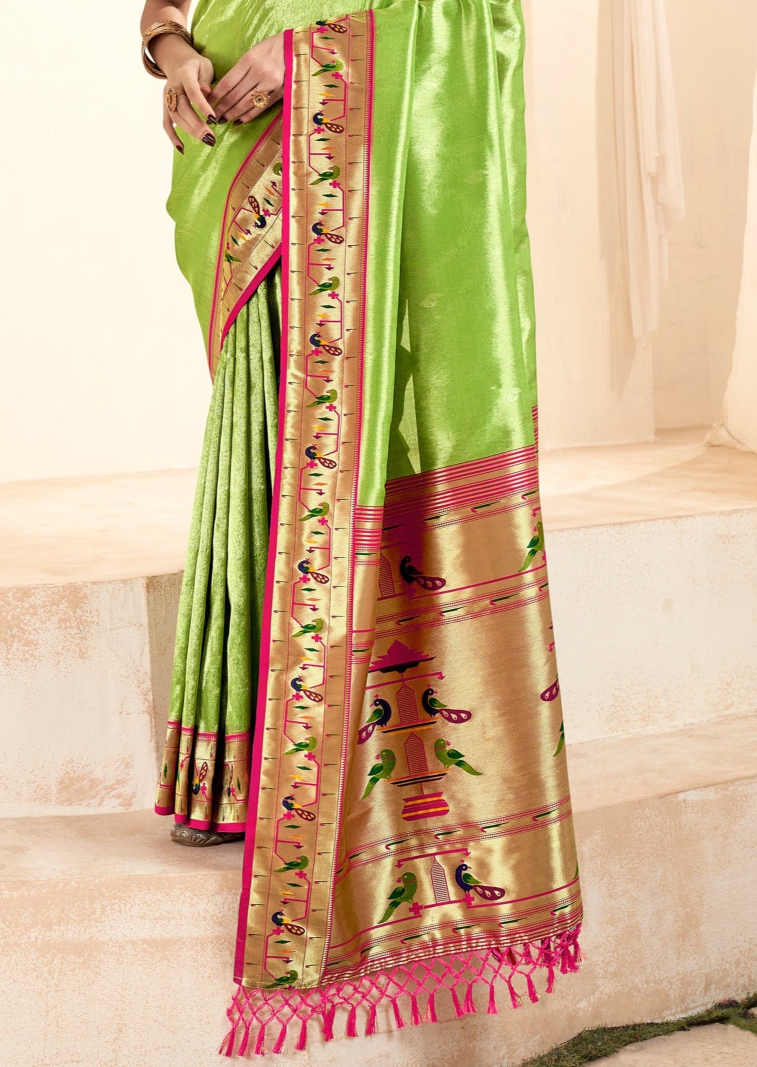 Handloom paithani silk lime green color saree online shopping price for wedding.