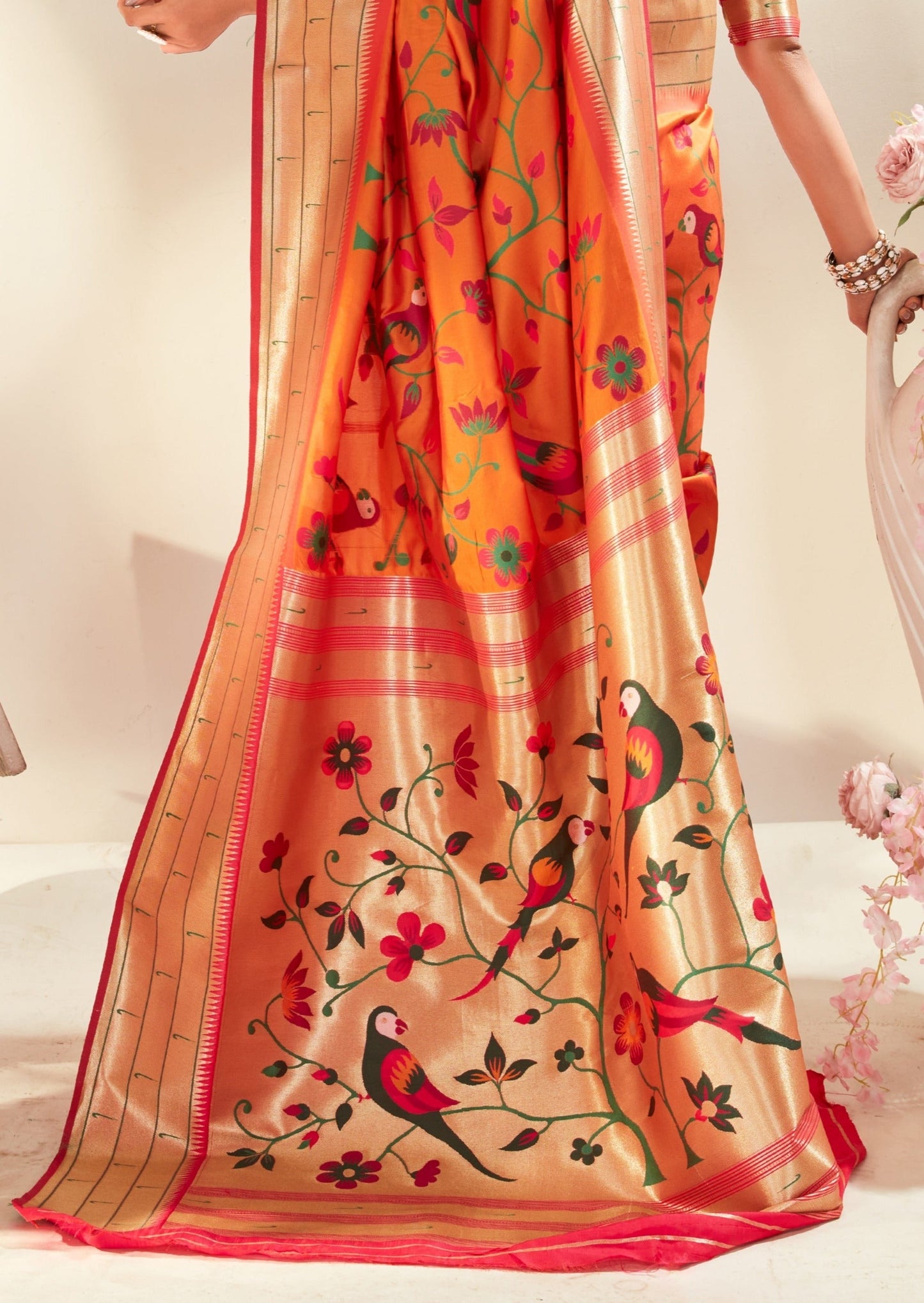 Pure handloom paithani silk orange saree in usa online with price.