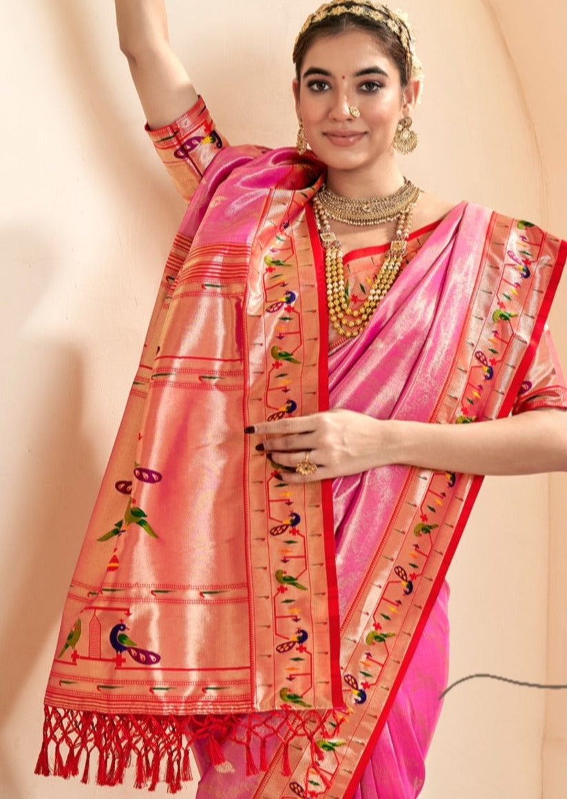 Handloom paithani silk rose pink bridal saree online designs for marathi bride look.